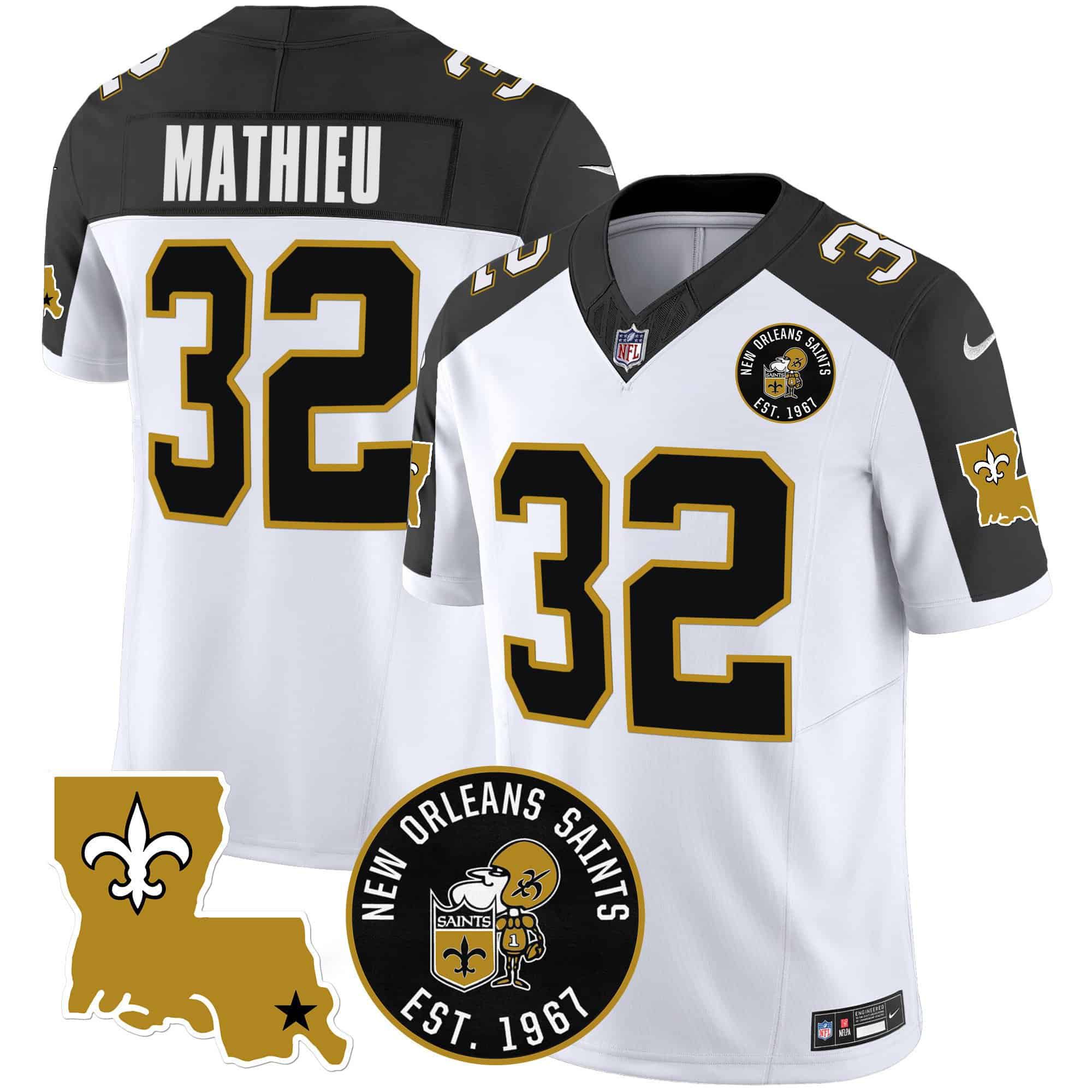 Men New Orleans Saints 32 Mathieu White 2024 Nike 1967 Patch Vapor Limited NFL Jersey style 1